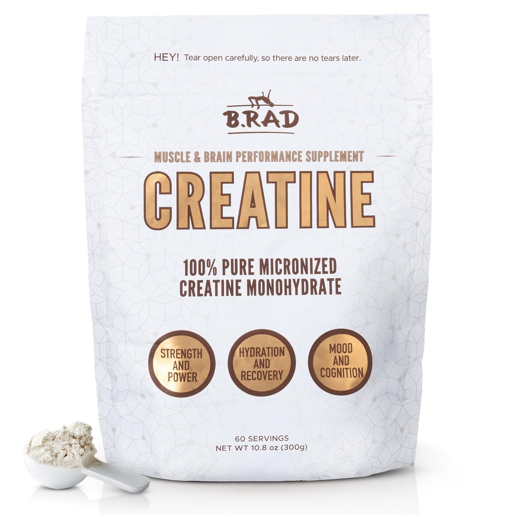 B.rad 100% Pure Micronized Creatine Monohydrate אבקה | טבעי, לא תוספות | Boosts שרירים כוח, התאוששות וביצועים | תמיכה בבריאות המוח | 300g, 60 משרתים