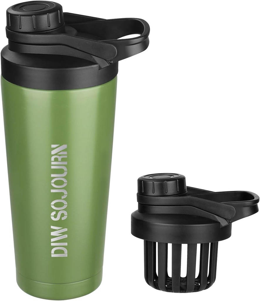 DIW 24 oz Shaker בקבוק, Stainless Steel Shaker עם Noise-Free Design, Insulated Metal Shaker Cup for חלבונים Mixes and Pre Workout,Gym Bottle Shaker (Green)