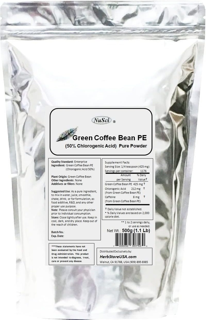 אבקת ייצור קפה ירוק Bean, סטנדרטית 50% Chlorogenic Acid (500 גרמים (1.1 lb)