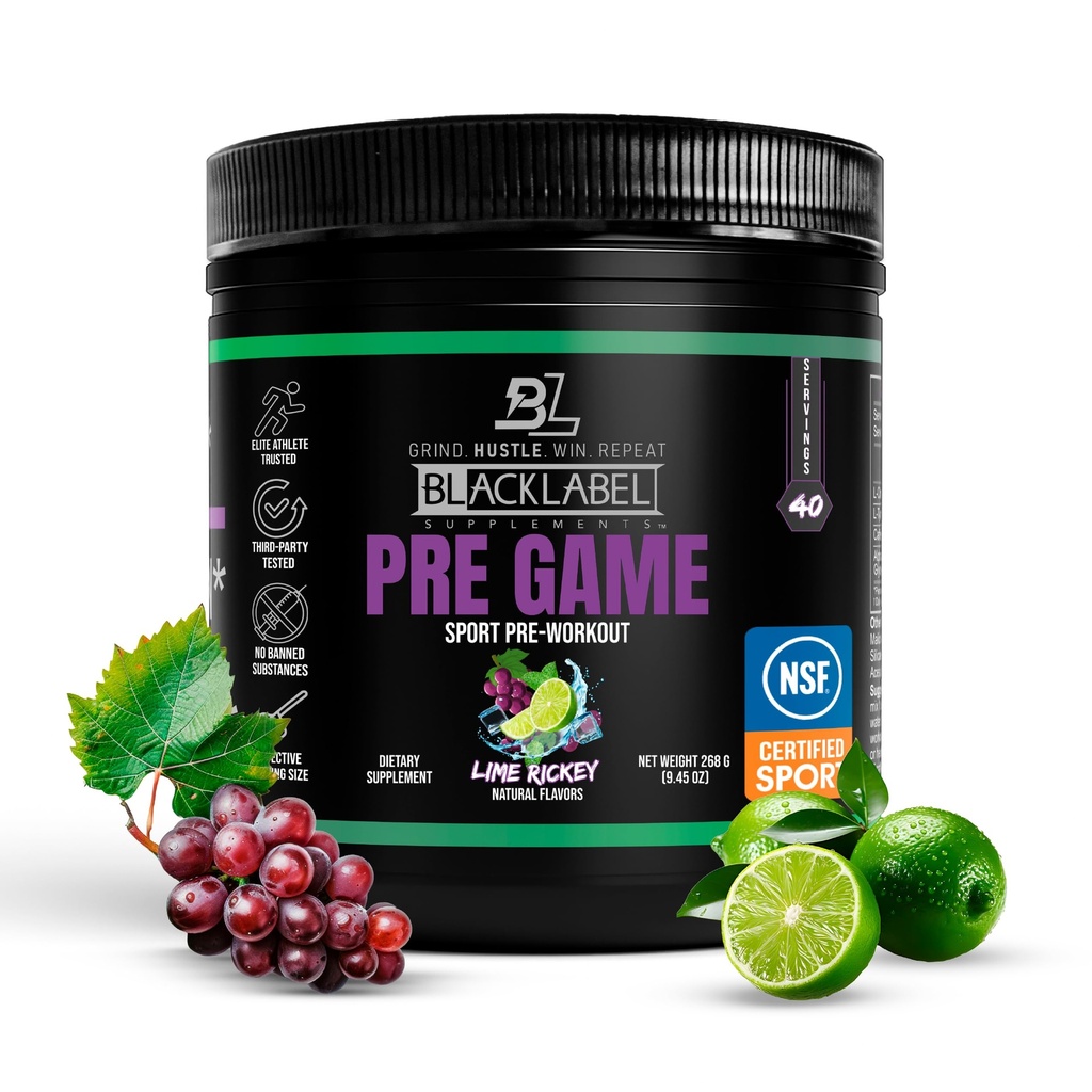 BlackLABEL תוספי מזון Pre-Game Pre Workout אבקה, Lime Rickey (שרתים) - NSF מוסמך עבור ספורט - מותאם אישית 150mg Caffeine עבור אנרגיה ומקדו - Low-Stimulant Pre Workout for Men and Women