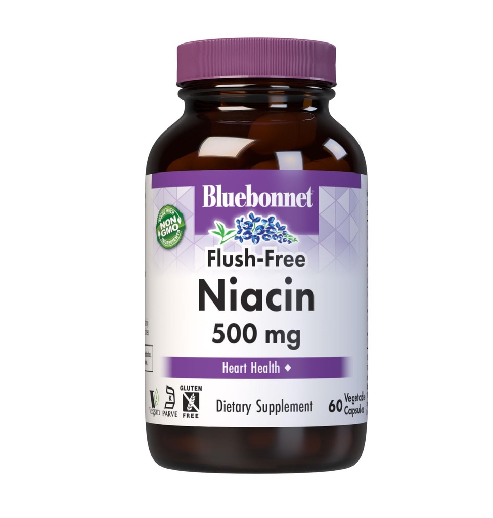 Bluebonnet Nutrition Flush-Free Niacin 500 מ"ג, לתמיכה תזונתית Cardiovascular *, Soy-Free, Gluten-Free, non-GMO, מוסמך כשר, ללא חלב, טבעוני, 60 קפסולות ירקות, 60 משרתים, 60 משרתים.