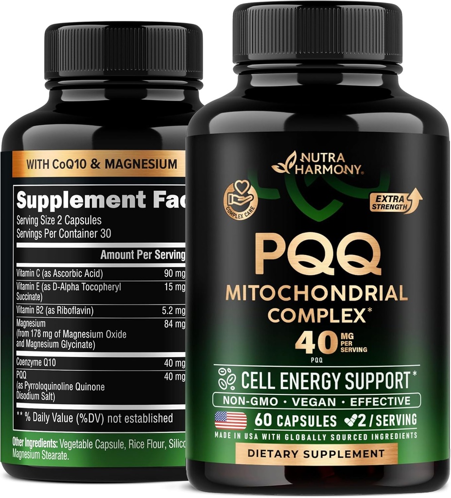 PQQ 40 מ"ג - PQQQ עם תוסף CoQ10 - Mitochondria biogenesis & cell Energy הפקה - עם Magnesium, ויטמין C, E & B2 - Pure & Highly Bioavailable | מעבדה Tested - Made in USA - 60 קפסולות