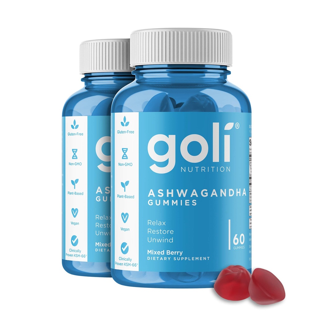 Goli Ashwagandha & ויטמין D Gummy 120 הרוזן - להירגע. שחזור. Unwind (Mixed Berry, KSM-66, טבעוני, צמחי מבוסס, Non-GMO, Gluten-Free & Gelatin חינם), Pack of 2