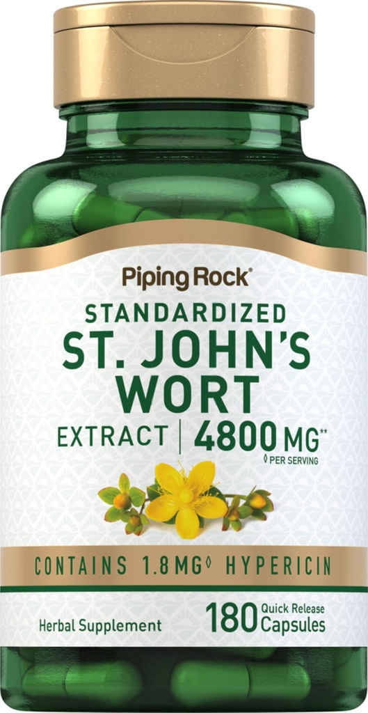 Piping Rock St. John's Wort קפסולות | 4800 מ"ג | 180 גלולות | תוספי מזון עבור נשים וגברים | Non-GMO, Gluten Freeten