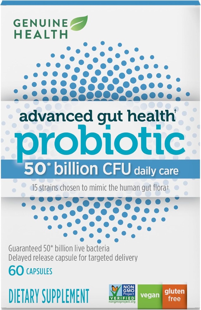 Genuine Health Probiotics, 50 מיליארד CFU, Daily Care, 15 Diverse Strains, Soy Free, Gluten Free, Vegan Delayed-Release קפסולות לבריאות מתקדמת (60 Count)