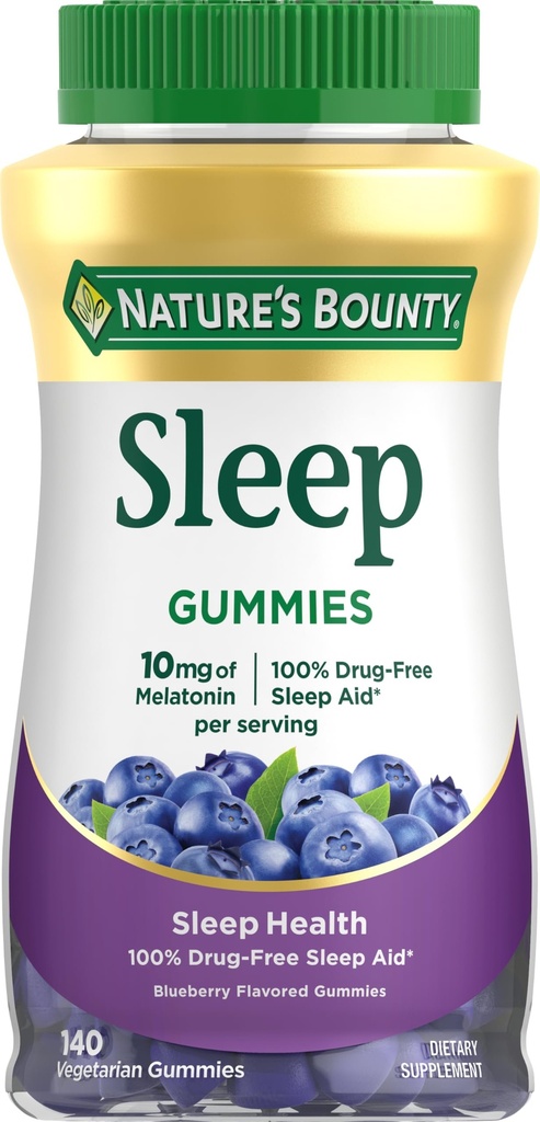 Nature's Bounty 10 מ"ג מלטונין מסטיקמי, 100% מזון חינם בשינה, 10 מ"ג, Blueberry, 140 Ct