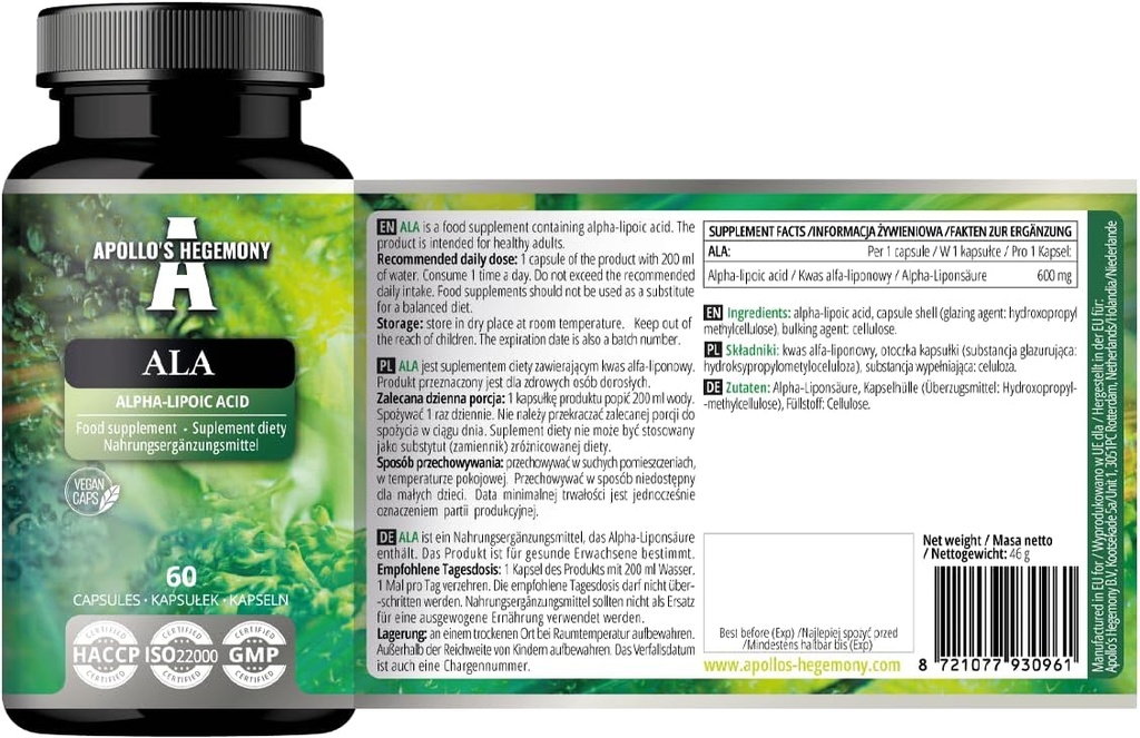 APOLLO'S HEGEMONY ALA (Alpha Lipoic Acid) 600 מ"ג - 60 קפסולות טבעוניות - Optimizescose Management - תמיכה בבריאות מיוכוניאלית - חודשיים אספקה