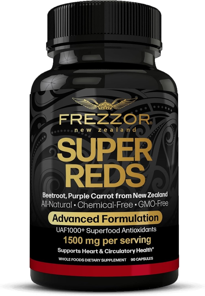FREZZOR Super Reds כמוסות עם UAF1000+, All-Natural New Zealand Red Superfood Energy, Essential Red פירות Veggies & Beets, Antioxidants, Enzymes, Energy Supplements, 90 קפסולות, 1 בקבוק
