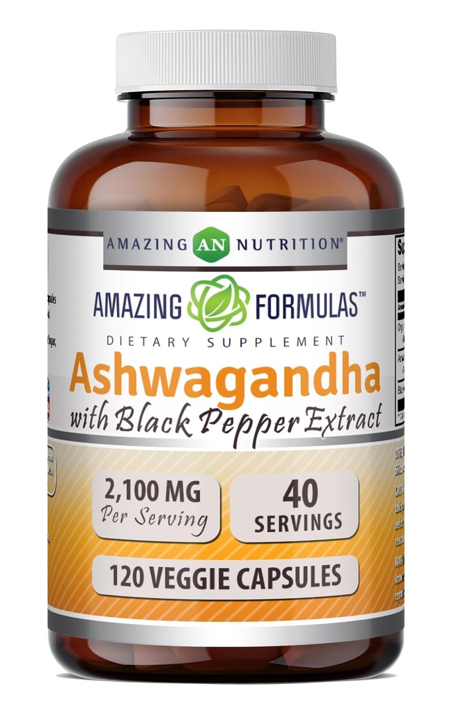 פורמולות מדהימות Ashwagandha Root with Black Pepper לחלץ תוסף | 2100 Mg Per Serve | Veggie קפסולות תוסף | Non-GMO | Gluten-Free | Made in USA (1 Pack, 120 Count)