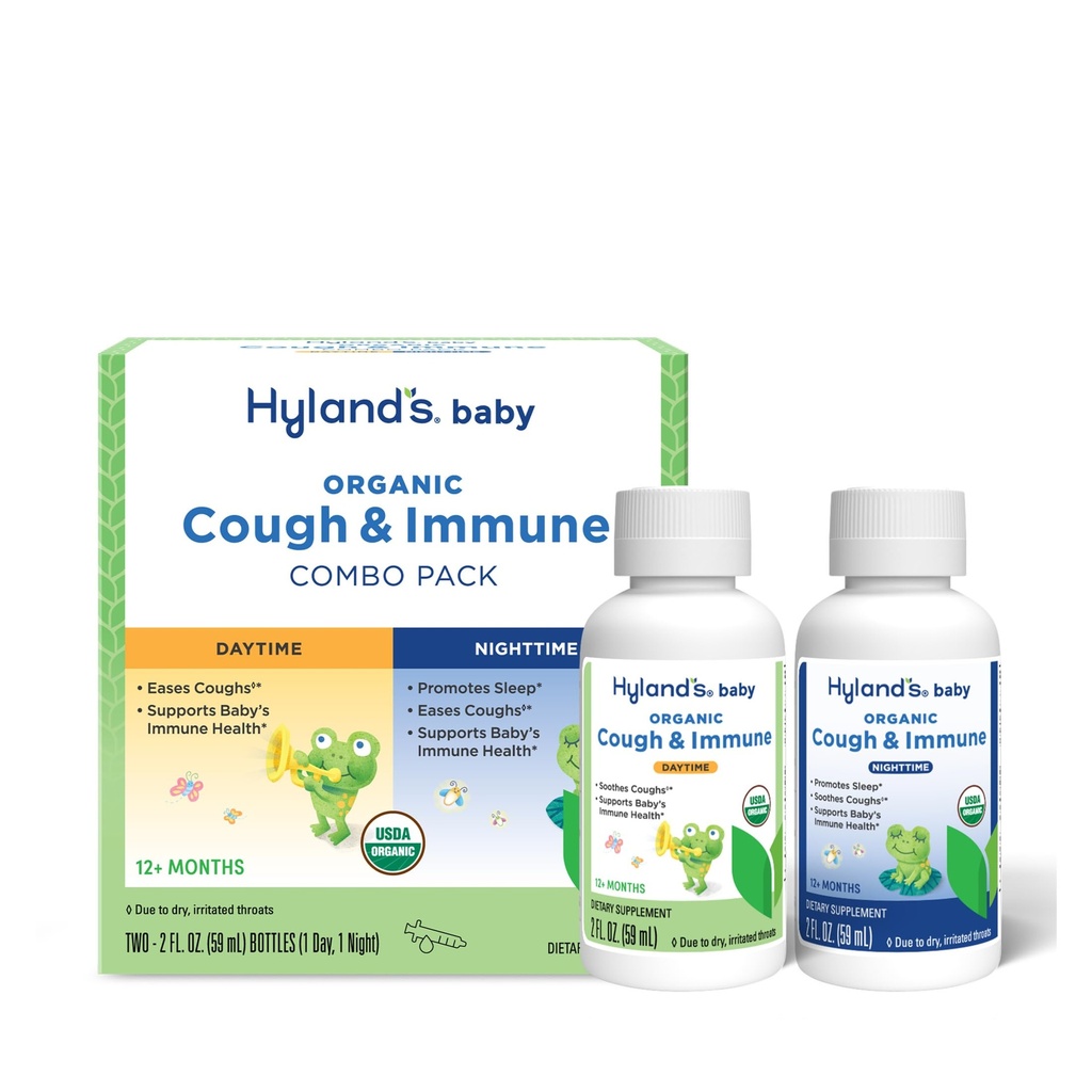 התינוק של Hyland's Baby Organic Cough Syrup ו- Immune Support Day and Night Combo Pack, Eases Coughs, תומך ב- Immunity, מקדם את השינה, שני בקבוקי Fl Oz.