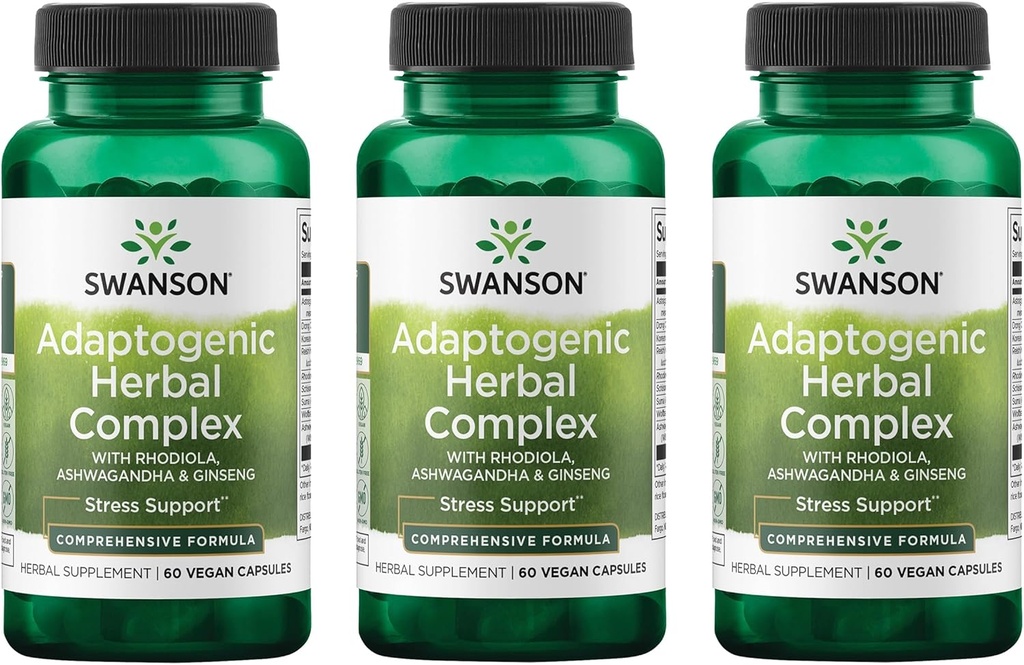 Swanson Rhodiola Ashwagandha Geneseng Complex Mood Energy Immune Function Nervous System Stress Support Fitogen Herb 60 קפסולות (3 Pack)