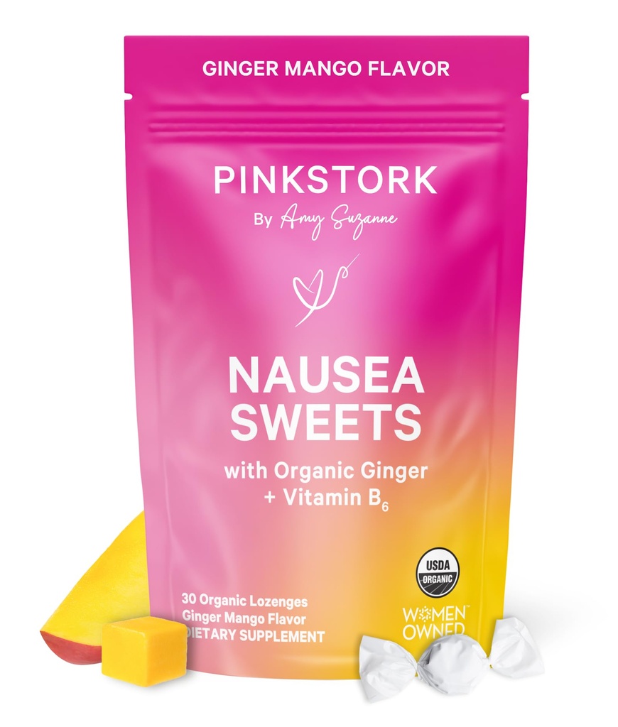 Pink Stork אורגני מנגו Sweets עם ויטמין B6 עבור מחלת בוקר ומחלות תנועה, נוסף ג'ינג'ר & ויטמין B6, 1st Trimester הריון חייב להיות - 30 Wrap Candies