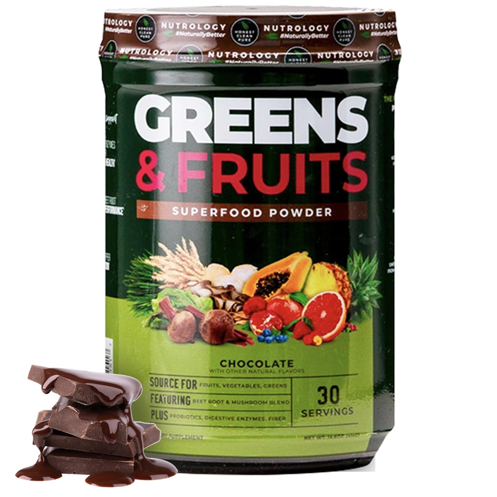 Nutrology Greens & פירות אבקת מקור טבעי פירות, ירקות, אבקת Beet ו Mushroom בלגן, פרוביוטיקה, Enzymes, סיבים, אנטי-חמצן, תמיכה Immune, Gluten Free - שוקולד חינם - שוקולד