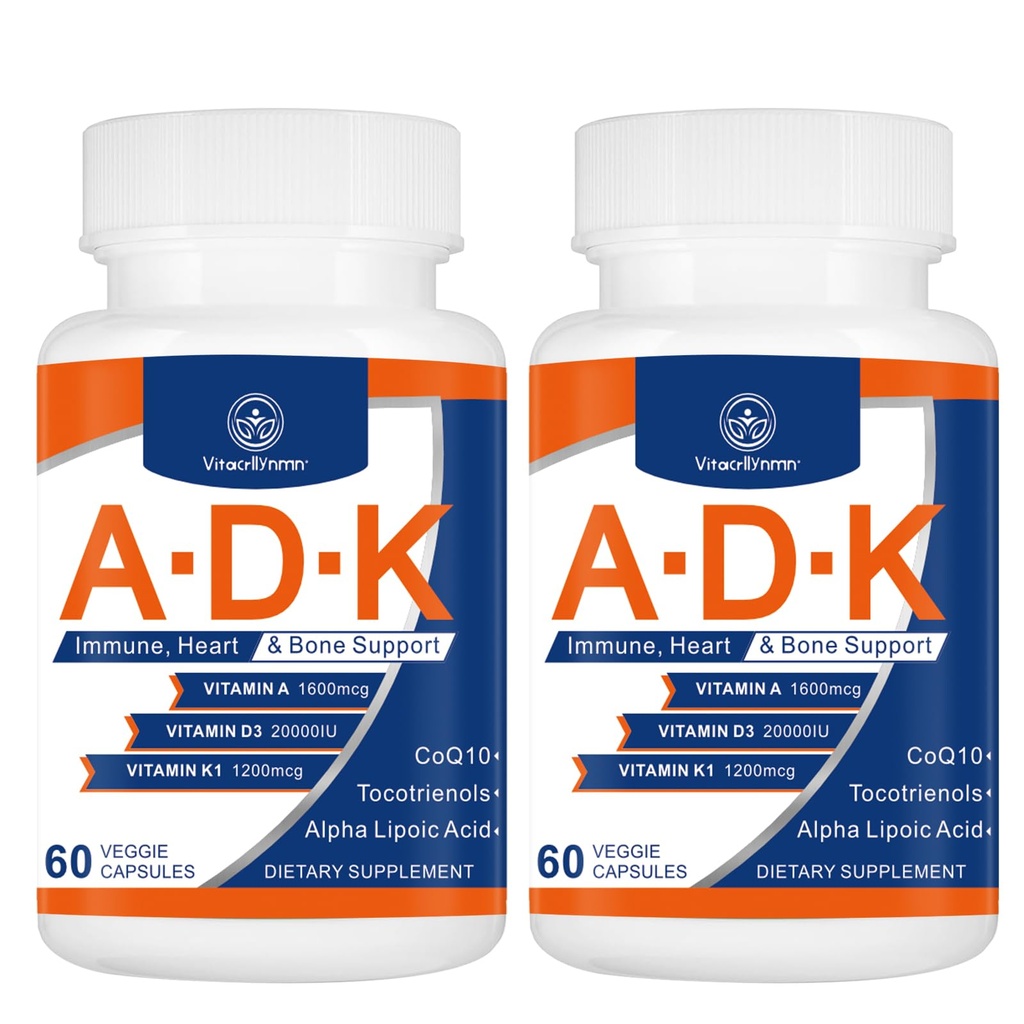 תוספי ויטמין ADK 20000 IU - ויטמין A, D3 ו-K1 ללב, בריאות העצם ו- Immune תומכים בויטמין ADK 120 קפסולות