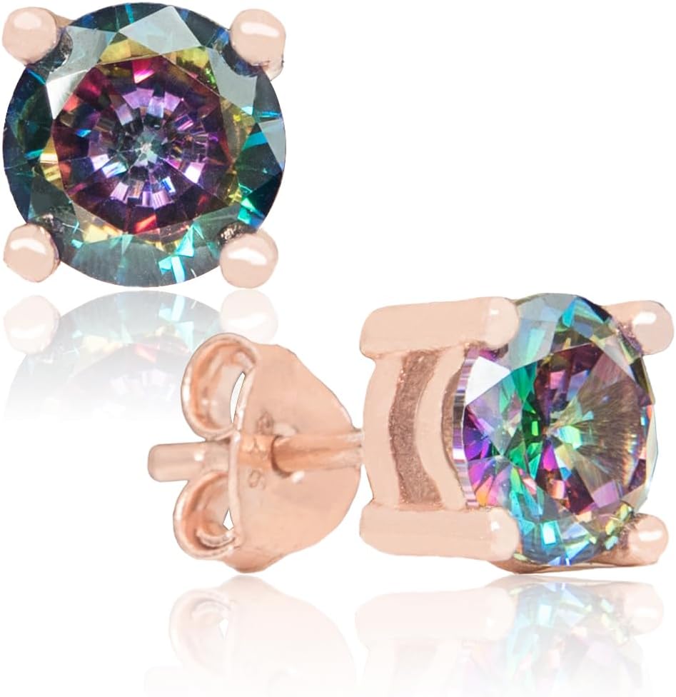 מבוסס יד רוז זהב פלטה טבעי Mystic Topaz סטרלינג Silver Stud אוזניים