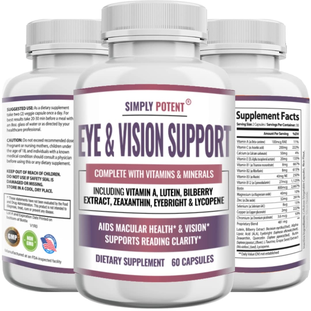 Lutein & Zeaxanthin Eye Health תוספי מזון למבוגרים, טבעי עין וחזון פורמולה w /Vitamin A, Lutein, Zeaxanthin, Bilberry לחלץ, Eyebright & Lycopene עבור Retina & Lens 60 Caps 60 Caps Caps Caps Caps Caps.