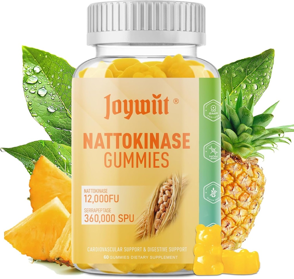Nattokinase Gummies 12,000 FU, Serrapeptase Gummies 360,000 SPU Enzyme תוספת עם Bromelain Papain & Inulin עבור Circulatory, Gut, תמיכה עיכול, טבעוני, לא GMO, 60 הרוזן