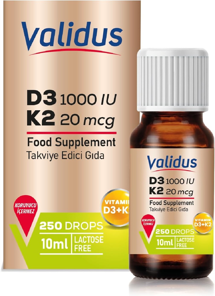 VALIDUS ויטמין D3K2 טיפות - ויטמין D3 + K2 MK-7, 250 טיפות נוזליות, שיפור Absorption עבור Bone & Heart Health, תומך בתפקוד Immune, non-GMO, Gluten-Free, Easy לשימוש, 10 מ"ל