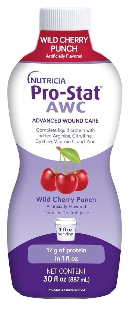 Pro-Stat Advanced Wound Care (AWC), ריכוז מזון רפואי נוזלי חלבון - דובדבן Wild Cherry Punch Flavor, 30 בקבוק Fl Oz