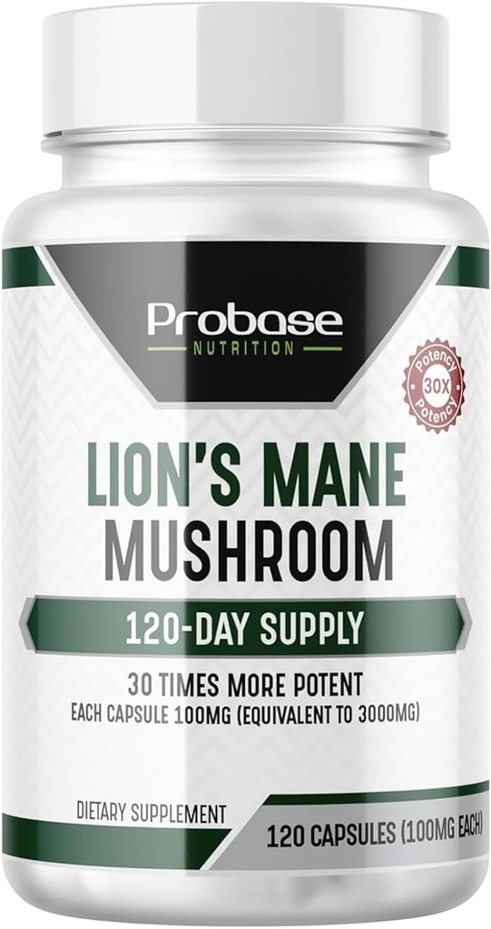 Probase Nutrition Lions Mane תוספת קפסולות 30x חומצה לחלץ Mushroom תוספת 4 חודש אספקה 120 ספירה