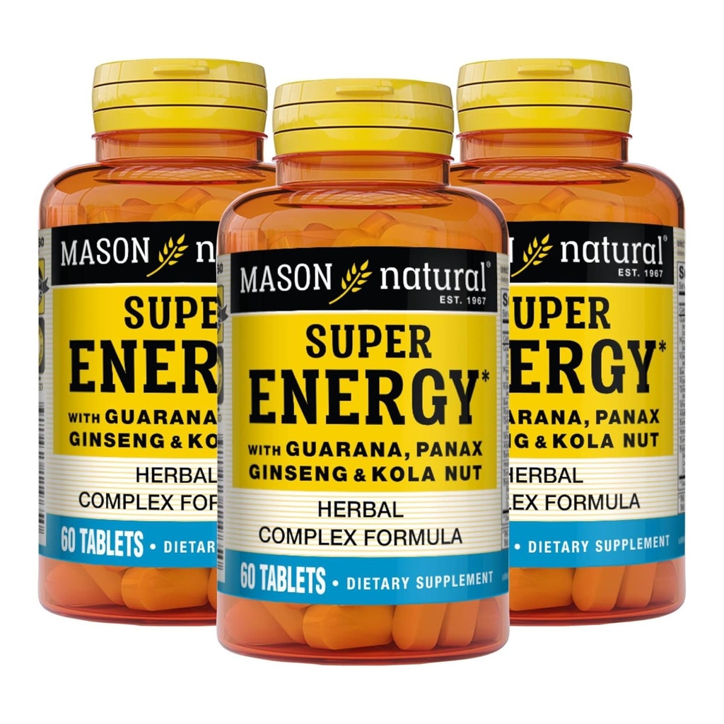 MASON NATURAL Super Energy, Made with Guarana, Panax גינזנג & Kola Nut for Optimal Performance & Energy, 90 יום אספקה, 60 טבליות (Pack of 3)