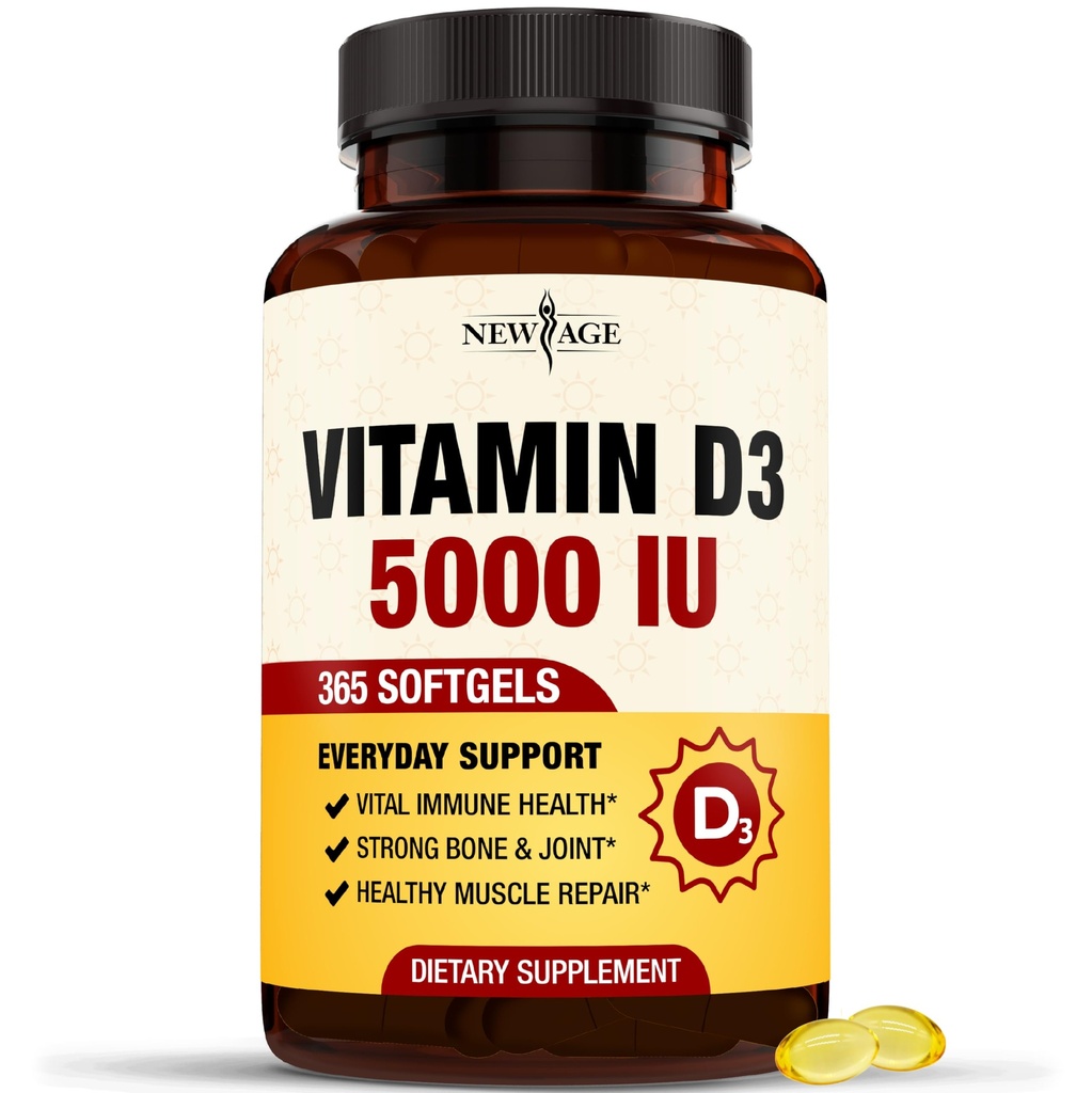 ויטמין D3 5000 IU 125mcg Softgels - תמיכה ב- Immune Support, Strong Bone Health - Non-GMO, Gluten-Free, Milk-Free,1 Year Supply (360 Softgels)