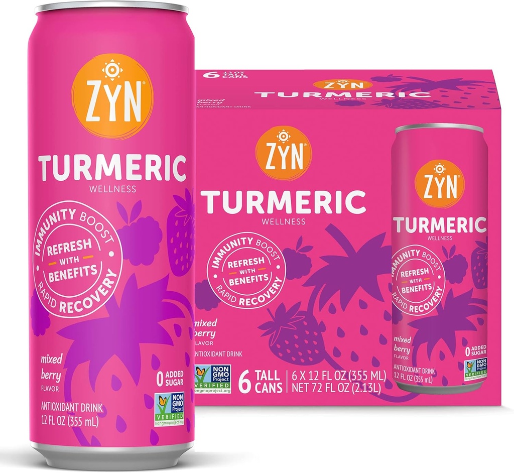 ZYN Turmeric Wellness לשתות 6 (Pack), מעורב ברי פלברד משקה כורכום Turmeric עם Black Pepper, לא הוסיף סוכר, נמוך פחמימות ושותה דלת קלוריות, תוספת נקייה אלטרנטיבית