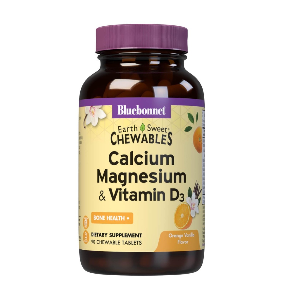 Bluebonnet Nutrition Calcium Magnesium Plus ויטמין D3 Earth Sweet, Bone Health & השרירים להירגע, Soy-Free, Gluten-Free, kosher-Free,90 Orange Vanilla Flavored Chewable Tablets