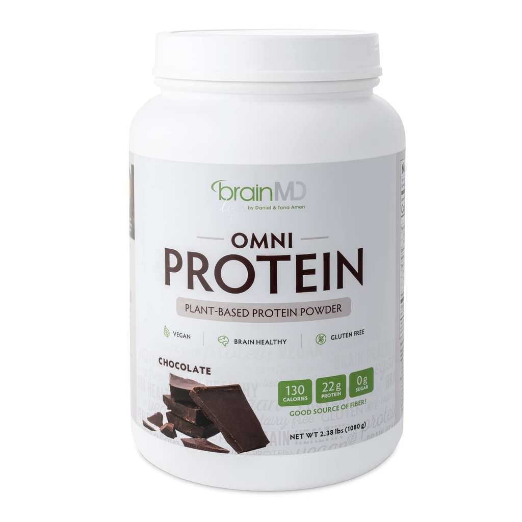 BRAINMD ד"ר Amen Omni חלבונים שוקולד - 2.38 lbs - אבקת חלבון מבוססת צמחי - מקדם אנרגיה והתעמלות התאוששות - טבעוני, צמחוני, סוכר חינם, גלוט חינם - 30 משרתים