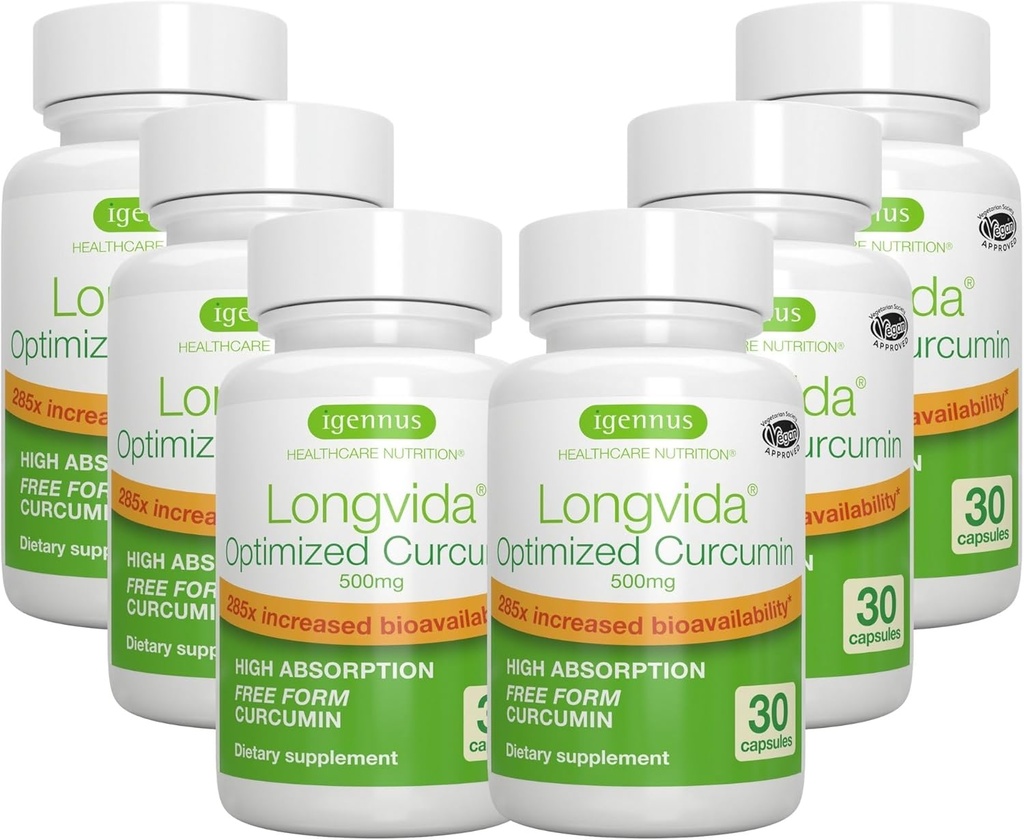 Igennus Longvida Lipidated Curcumin 500 מ"ג, Ultra Bioavailable & Sustained Action, 65x גבוה רמות פלאסמה, תמיכה אינטנסיבית, חינם-Form Curcumin, טבעוני, 180 קפסולות