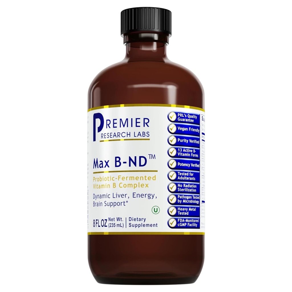 מעבדות מחקר ראש הממשלה מקס B-ND - ויטמין B נוזלי לבריאות Liver & Brain Health, טיפות משנה לגברים ונשים עם Thiamin, B12 & B6-8 Fl Oz בקבוק