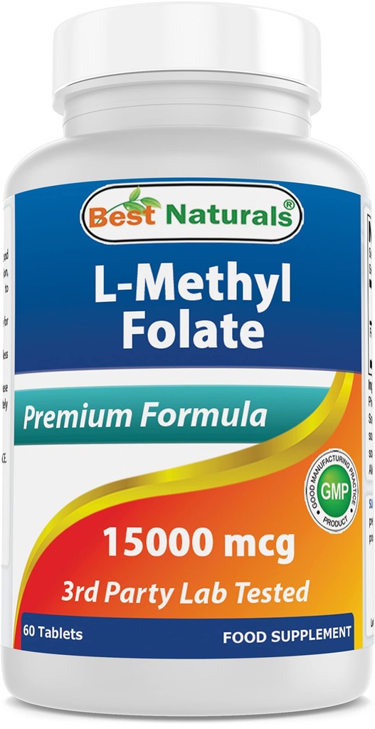 Best Naturals Methyl Folate 15000 mcg (15 מ"ג) (רוב bio-Available) 60 טבליות - תומך הפונקציה של פיתוח תאים, המוח, זיכרון, בריאות קרדיווסקולרית (60 Count (Pack of 1))