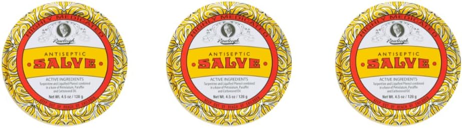 Rawleigh Antiseptic Salveic Yellow Big Tin: 4.5 oz, Multi-Purpose Ointment Soothes לחתוך, Bruises, Irritations, עם Turpentine, Phenol, כותנה שמן & Paraffin, פורמולה המקורית - חבילת של 3 3