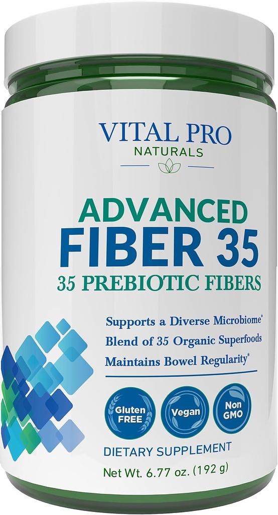Vital Pro Naturals - Advanced סיבים 35 אבקה תוספת לתמיכה תזונתית ו- Occasional Constipation עם 35 סיבים פרביוטיים ו-35 מזון אורגני עבור Bowel סדירות, 6.77 oz
