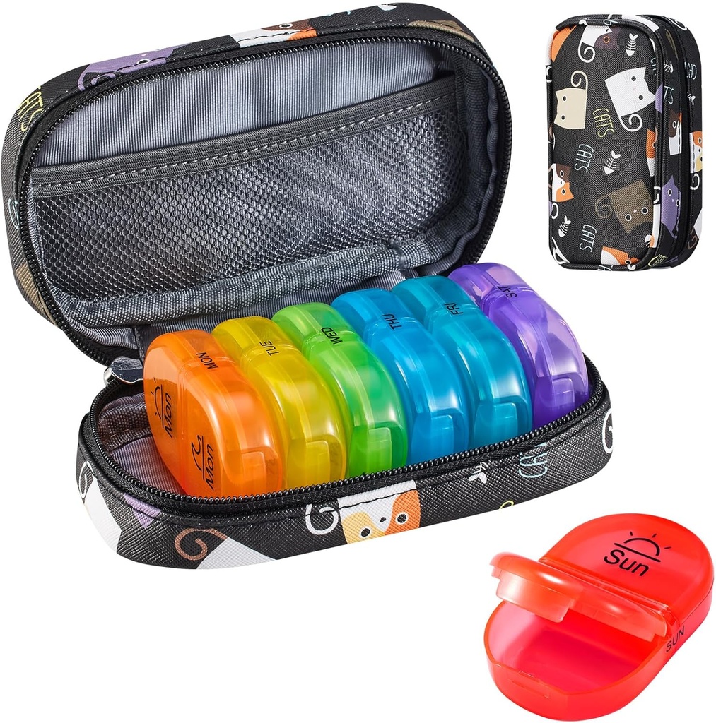 Serfeymi Travel Pill Productionser 2 Times A Day AM PM שדרג את תיבת הכדור של קשת 7 יום עם Portable Zipper PU PU PU שיער, מארגנת תרופות עבור גלולות, ויטמינים, שמן דגים - שחור 02