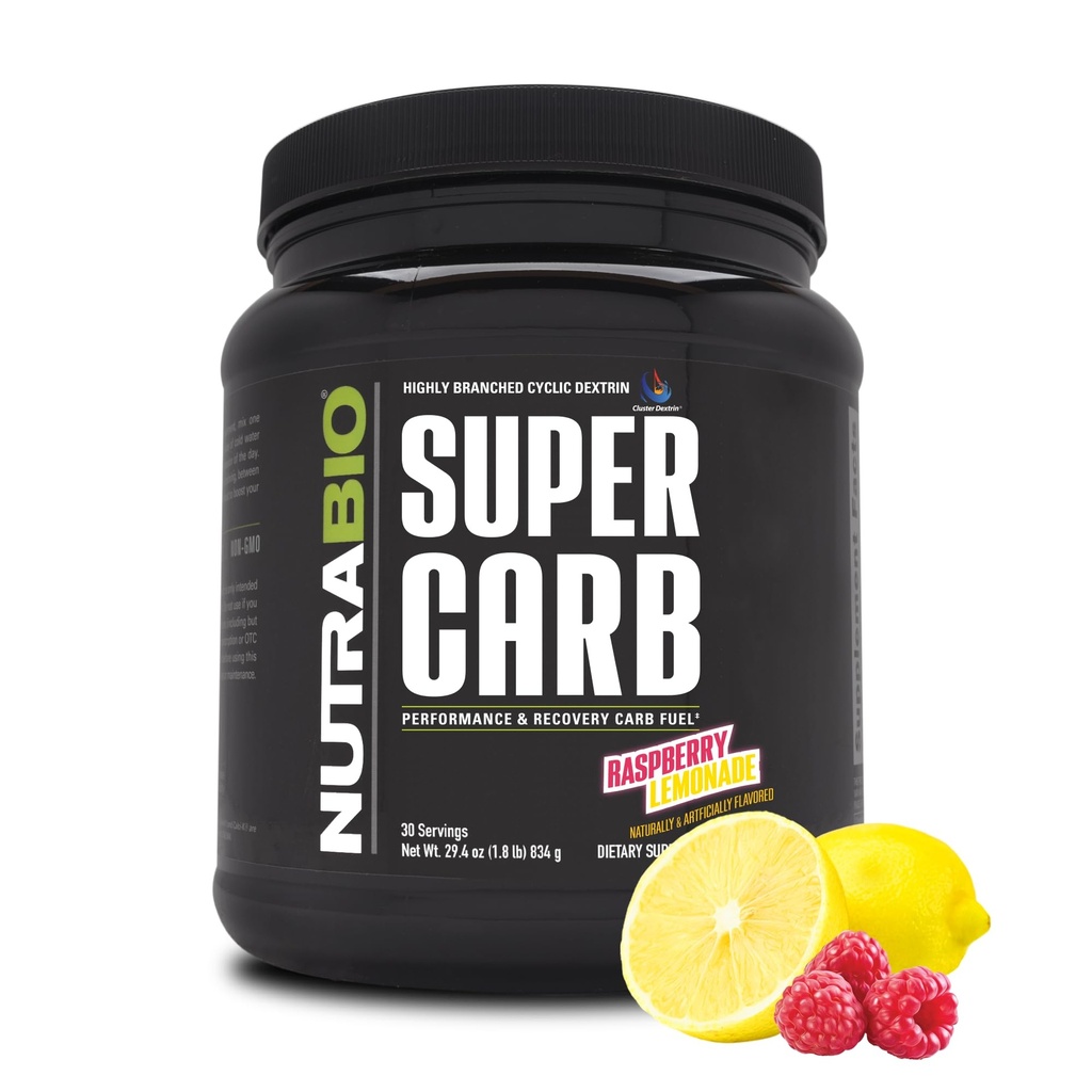 NutraBio Super Carb, אבקת Carbohydrate עם Cluster Dextrin & Electrolytes, אבקת תוספת פחמימות מתקדמת עבור דלק עבודה, פריפורנס, ושיקום שרירים, Cyclic Dextrin, Raspberry לימונדה, 30 Svberry לימון, 30 Svberry.