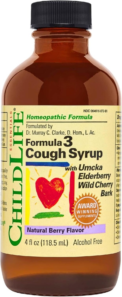 CHILDLIFE Essentials Formula 3 Kids Cough Syrup - Children's Cough Medicine for Kids 2-11, with Umcka, Elderberry & Wild Cherry Bark, Gluten Free - Natural ברי, 4 Fl Oz