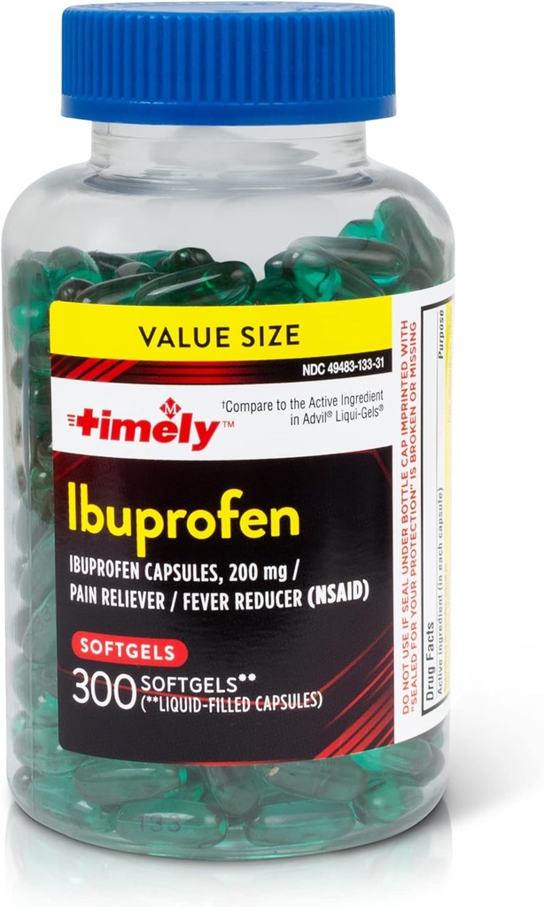 זמן-CAP LABS, INC. Timely Ibuprofen 200 מ"ג - 300 Softgels נוזלי - טבליות הקלה בכאב ו Fever צמצם - עבור כאבי ראש, כאב מסטרופלי, Tooth Aches Muscular Aches & Arthritis כאב