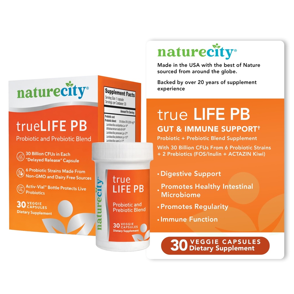 NatureCity True-Life-PB Shelf Stable Bel Prebiotics and Probiotics for Women and Men - Digests for Women and Men - Digests for Women and Men - Milk Free - (30 ווג'י)