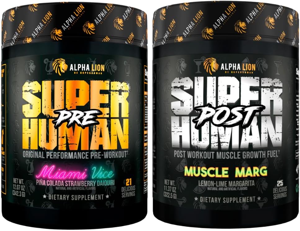 ALPHA LION Superhuman Pre Workout Powder & Post Workout Recovery Bundle, Sustained Energy & Focus + Lean Muscle Growth, Strength & Volume (Miami Vice & Muscle Marg)