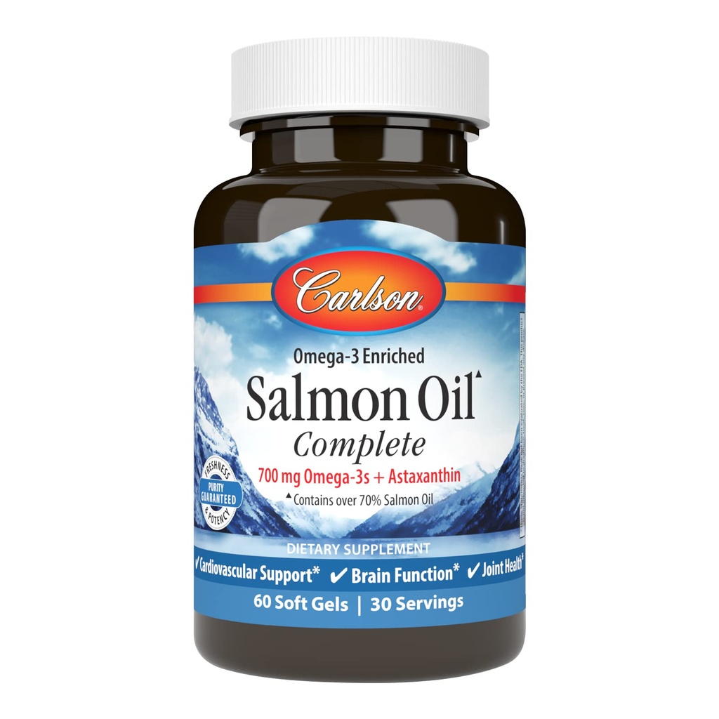 קרלסון - Salmon Oil Complete, 700 מ"ג אומגה 3s + Astaxanthin, Cardiovascular Support, Brain Function & Joint Health, 60 Softgels