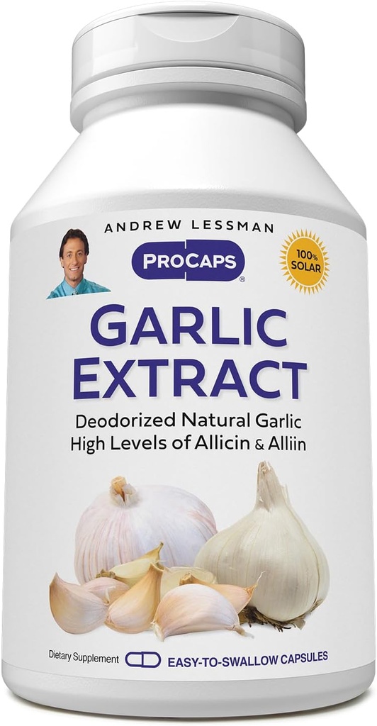 ANDREW LESSMAN Garlic Extraction - 180 קפסולות - Deodorized Natural Garlic Extract. קומפלקסים המבוססים על Sulfur טהור, גנטל, חסר אודור. No Aftertaste, No Stomach Upset, No Additives