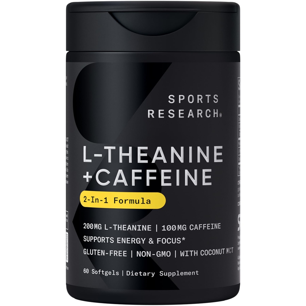 מחקר ספורט L-theanine בתוספת שמן Caffeine & קוקוס MCT - אנרגיה ממוקדת, אזהרות ורגיעה ללא Drowsiness - 200 מ"ג L האננין, 100 מ"ג אורגני קפאין - 60 Softgels