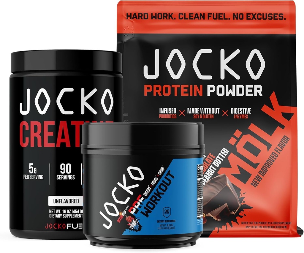 Jocko דלק 3 Pack Bundle - Creatine, Chocolate Peanut Butter MOLK, & Nitro Pop Pre Workout Workout