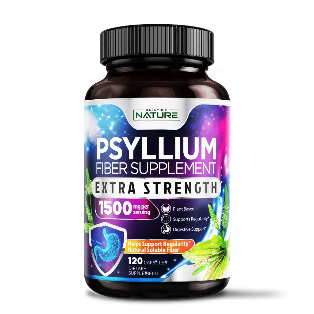 Psyllium Husk קפסולות 1500 מ"ג - תוסף סיבים טבעיים - גלולות סיבים טבעיים עם אבקת Psyllium Husk - תמיכה בריאות המעי הגס והקולוניות - non-GMO, Gluten-Free, טבעוני 120 קפסולות