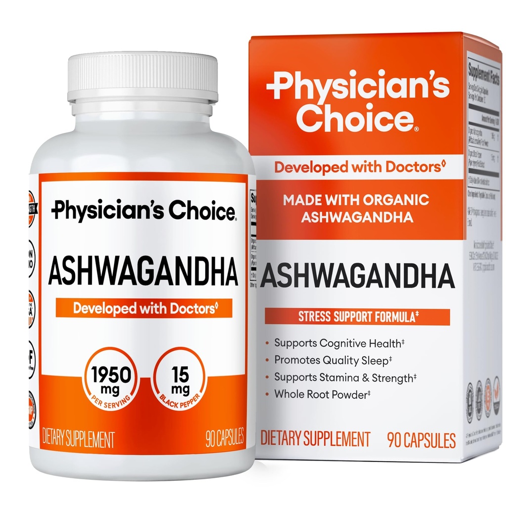 תוסף CHOICE Ashwagandha - 1950 מ"ג של אבקת שורש Viavailable Organic Ashwagandha - Black Pepper Extract, Stress Support, Mood Support, 90 Veggie אשוגנדה