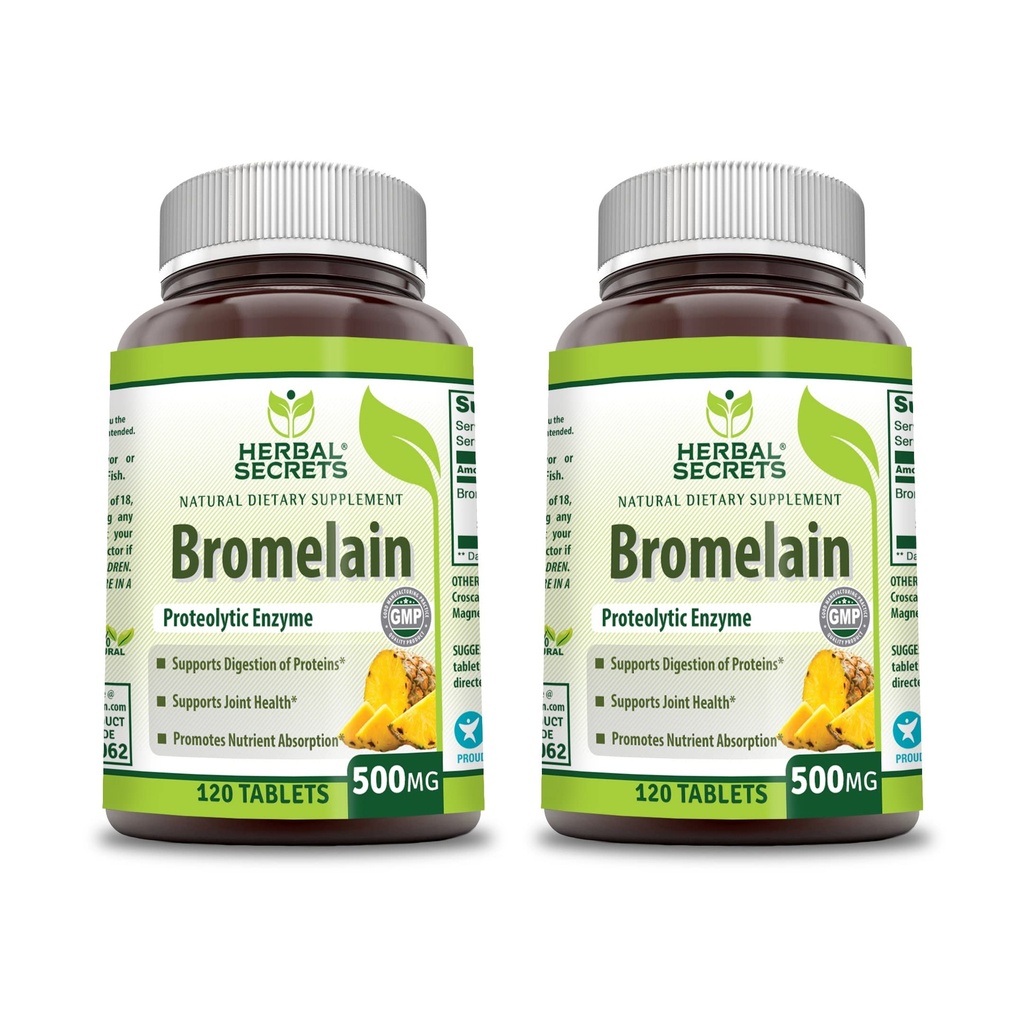 Herbal Secrets Bromelain 500 Mg 120 טבליות תוסף | Pack of 2 | Non-GMO | Gluten Free | Made in USA