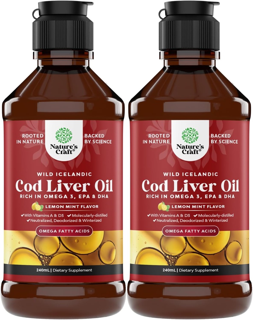 האיסלנדית שנתפסה ב-Cod Liver Oil נוזלי - שמן דגים טיפות עם אומגה 3, EPA, DHA, ויטמין D & A - נוזל Cod Liver תוספת עבור הלב, משותף, המוח ותמיכה החיסון - 240 מ"ל (8Ounce) 2 Pack