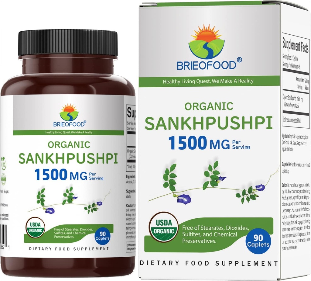 Brieofood אורגני Sankhpushpi 1500 מ"ג, 45 משרתים, Vegetarian, Gluten Free, 90 טבליות Vegetarian