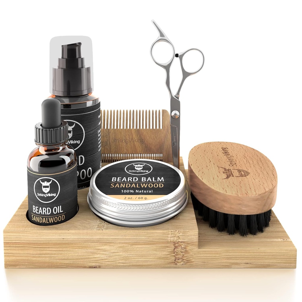 Striking Viking Beard Growth Kit - 7-Piece Set, Sandalwood Scent & Caddy - Oil & Balm עם Beard Brush, כפול-Sided Comb & Scisors בתוספת מוסטמב עבור Grooming & Styling
